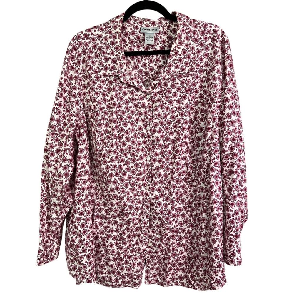 Catherines Shirt Women 2X Plus Red Unicycle Button Blouse Grandma Coastal Casual